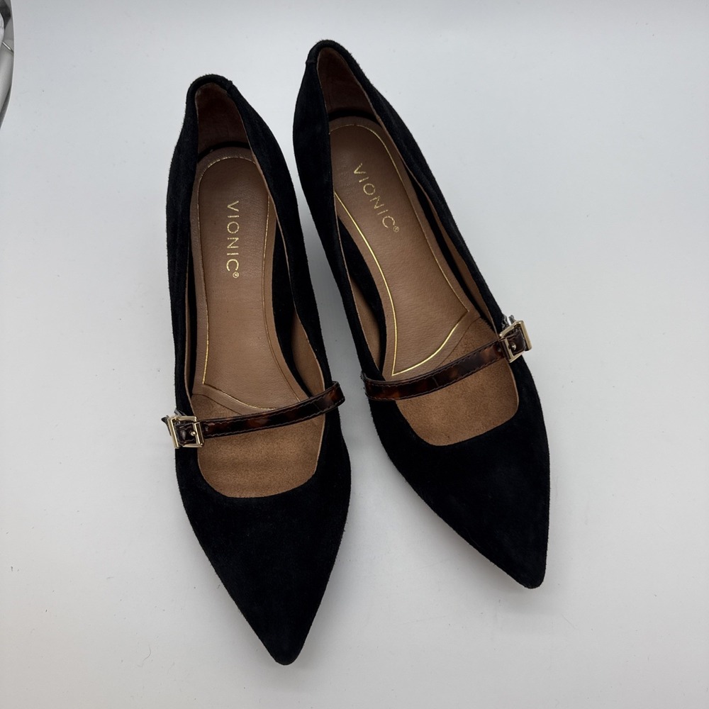 Vionic Black Suede Mary Jane Pointed Toe Comfortable Office Kitten Heels US 6.5